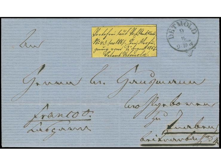 "Portofrei laut Prß. Amtsblatt......Postamt Detmold", gelber Zettel auf kpl. Brief mit Vermerk "franco 0" von "DETMOLD 9/4" (