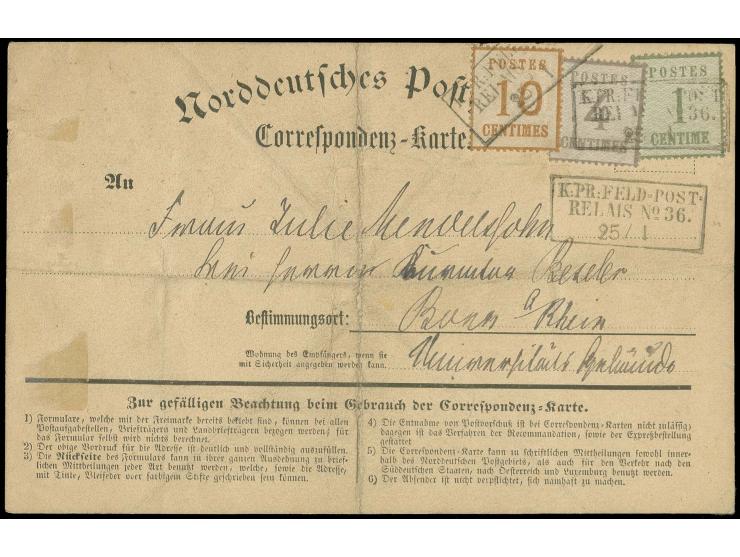 Spitzen nach oben 1 C., 4 C. und 10 C. mit Ra3 "K:PR:FELD=POST=RELAIS No. 36. 25/1" auf Korrespondenz-Karte nach Bonn; die Ka