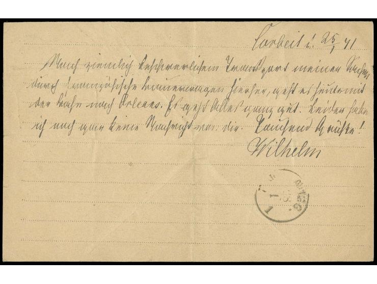 Spitzen nach oben 1 C., 4 C. und 10 C. mit Ra3 "K:PR:FELD=POST=RELAIS No. 36. 25/1" auf Korrespondenz-Karte nach Bonn; die Ka