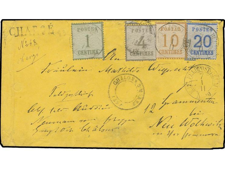 1 C., 10 C. und 20 C. mit Spitzen nach unten 4 C. (rechts Scherentrennung) mit DKr. "K.Pr. FELDPOST-RELAIS No. 19 7 1" auf Ch