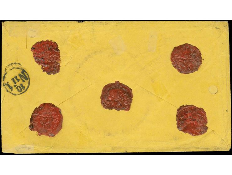 1 C., 10 C. und 20 C. mit Spitzen nach unten 4 C. (rechts Scherentrennung) mit DKr. "K.Pr. FELDPOST-RELAIS No. 19 7 1" auf Ch