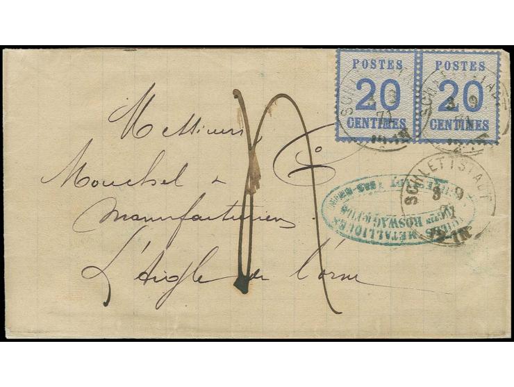20 C. ultramarin im waagerechten Paar auf Briefhülle von "SCHLETTSTADT 3/9 71" nach Frankreich mit handschriftlicher Taxe "4"