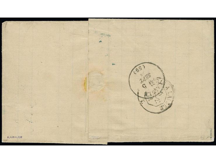 20 C. ultramarin im waagerechten Paar auf Briefhülle von "SCHLETTSTADT 3/9 71" nach Frankreich mit handschriftlicher Taxe "4"