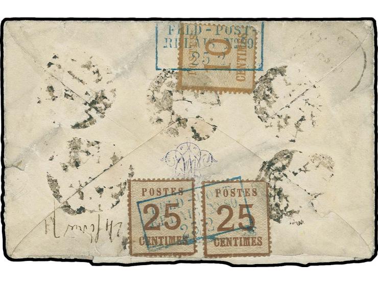 25 C., 2 Einzelwerte zusammen mit 10 C., mit blauem Ra3 "FELD-POST-RELAIS No. 89 25/2" rückseitig auf ursprünglich gesiegelte