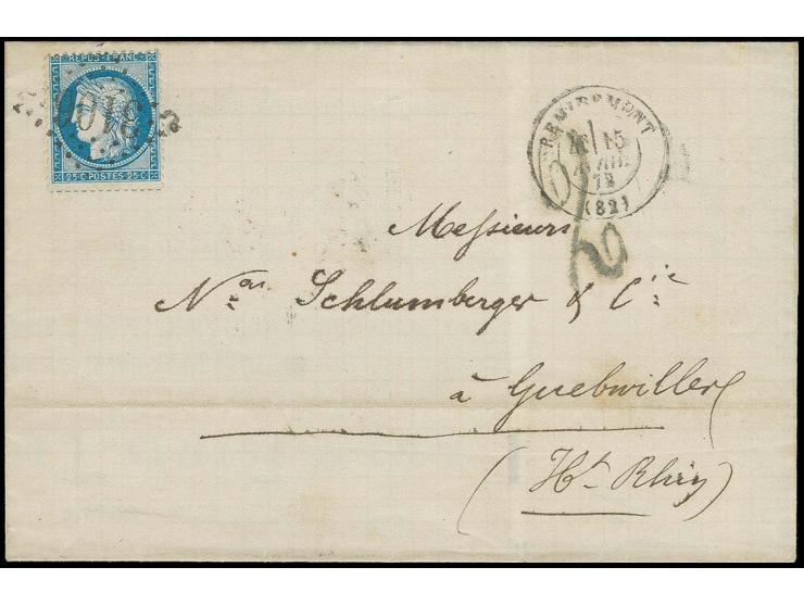 Taxziffer "2" auf Doppelfrankatur-Faltbrief mit Frankreich 1871, Ceres 25 C. blau mit GC "3106" und nebengesetztem DKr. "REMI
