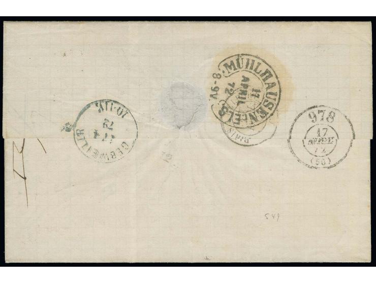 Taxziffer "2" auf Doppelfrankatur-Faltbrief mit Frankreich 1871, Ceres 25 C. blau mit GC "3106" und nebengesetztem DKr. "REMI