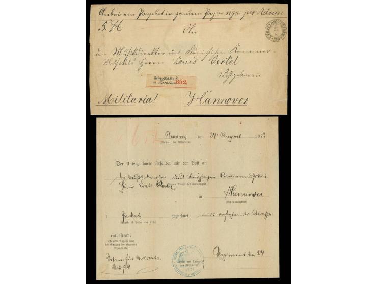 1873, K.PR.FELDPOST-RELAIS No.9 27.8.", klar auf kpl. Paketbegleit-Viertelbogen mit Paketzettel "Feldp.-Rel.Nr.(9) in (Verdun