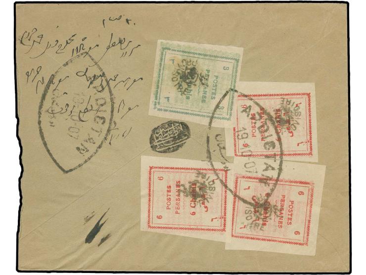 3 ch. and 3 copies 6 ch. tied by oval "ARDISTAN 19-10-07" to reverse of registered envelope to Ispahan with register label on
