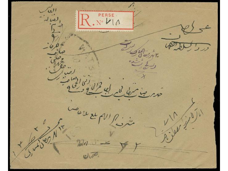 3 ch. and 3 copies 6 ch. tied by oval "ARDISTAN 19-10-07" to reverse of registered envelope to Ispahan with register label on