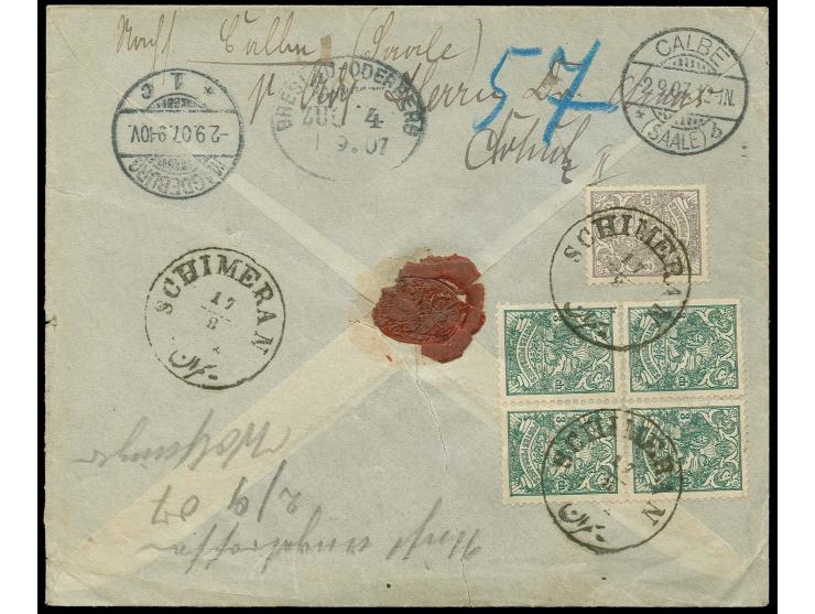 10 ch. and 1903/04, 2 ch. and 3 ch. (single and block of 4) tied by cds. "SCHIMERAN 17/8" to front and reverse of registered 