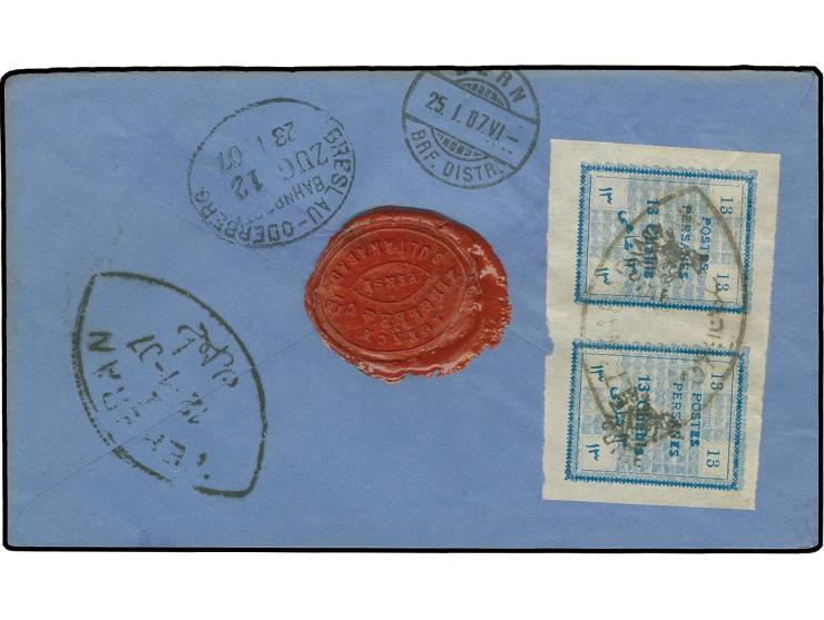 13 ch. in horizontal pair used with oval date stamp of Sultanabad on reverse of registered envelope to Switzerland with Germa