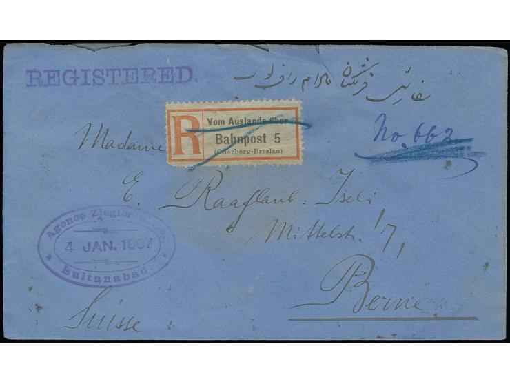 13 ch. in horizontal pair used with oval date stamp of Sultanabad on reverse of registered envelope to Switzerland with Germa