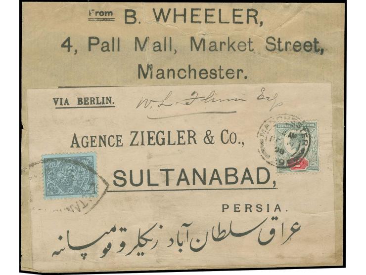 1907, Lion on blue paper 2 ch. tied by Sultanabad oval date stamp to printed matter address label from Manchester to Sultanab