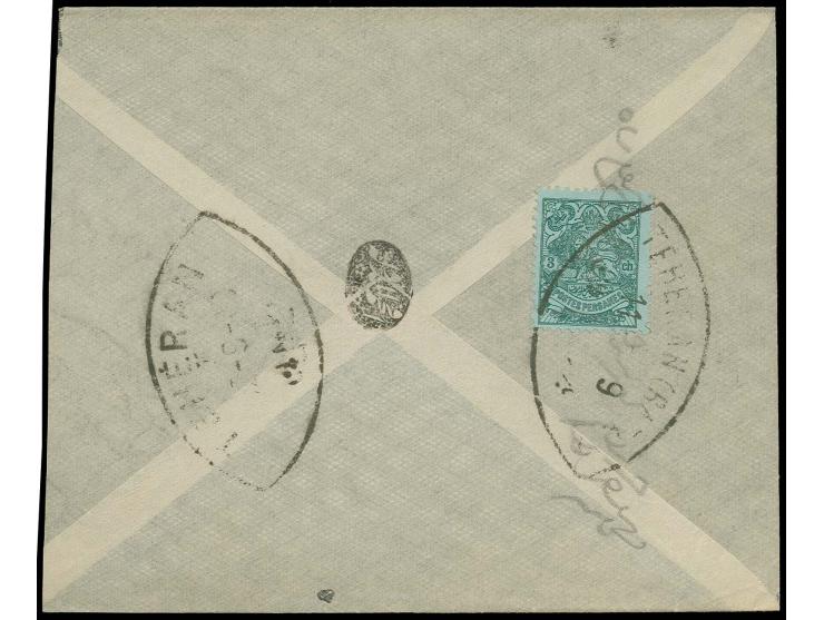1907, lion on blue paper 3 ch. tied by oval "TEHERAN (BAZAR) 11-9-09" to reverse of local cover to North Teheran with arrival