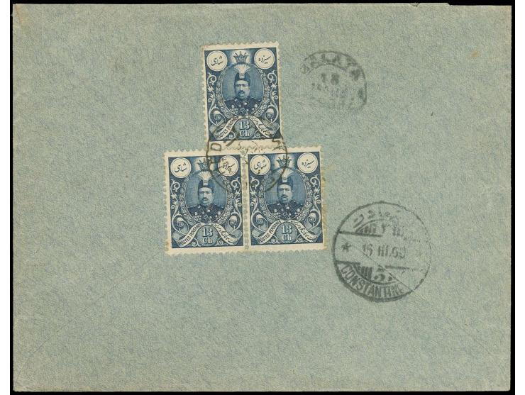 1908, Mohammad-Ali 13 ch., horizontal pair and single tied by Meched cds. to reverse of registered envelope to Constantinople