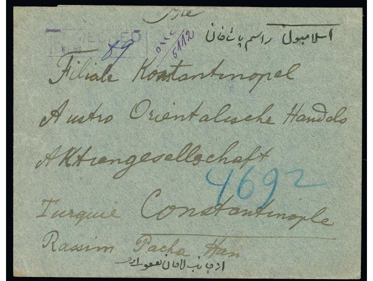 1908, Mohammad-Ali 13 ch., horizontal pair and single tied by Meched cds. to reverse of registered envelope to Constantinople