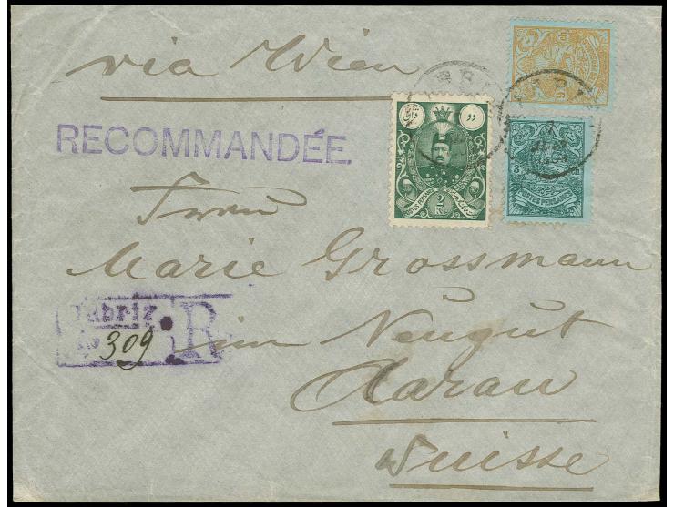 2 kr. with 1907, 3 ch. and 9 ch. tied by Tabriz cds. to registered envelope to Switzerland with arrival mark