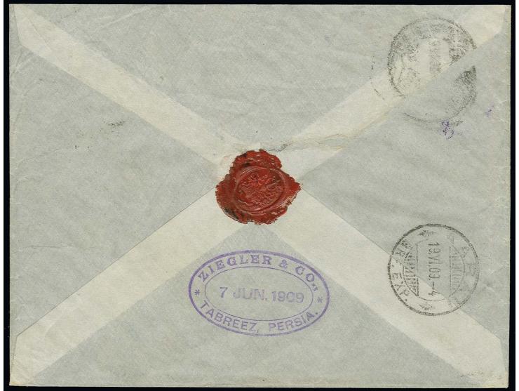 2 kr. with 1907, 3 ch. and 9 ch. tied by Tabriz cds. to registered envelope to Switzerland with arrival mark