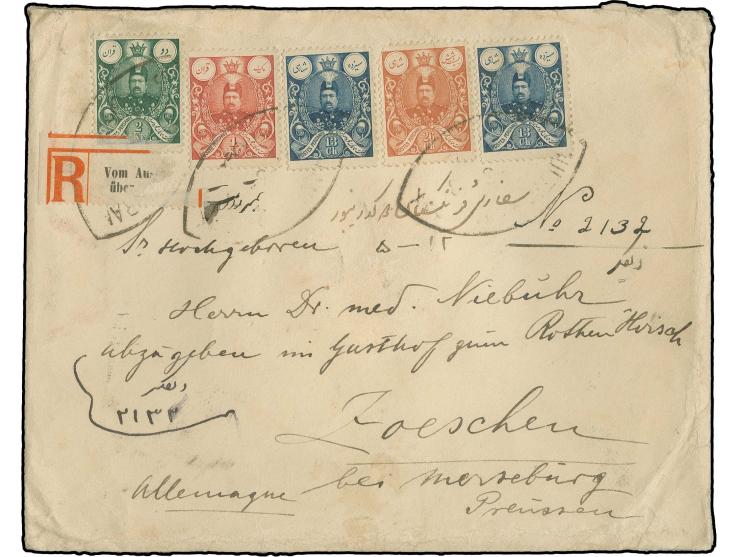 2 kr. with 1 kr., 26 ch. and 13 ch. (2) tied by Sultanabad oval date stamp to registered cover from the British Vice-Consulat
