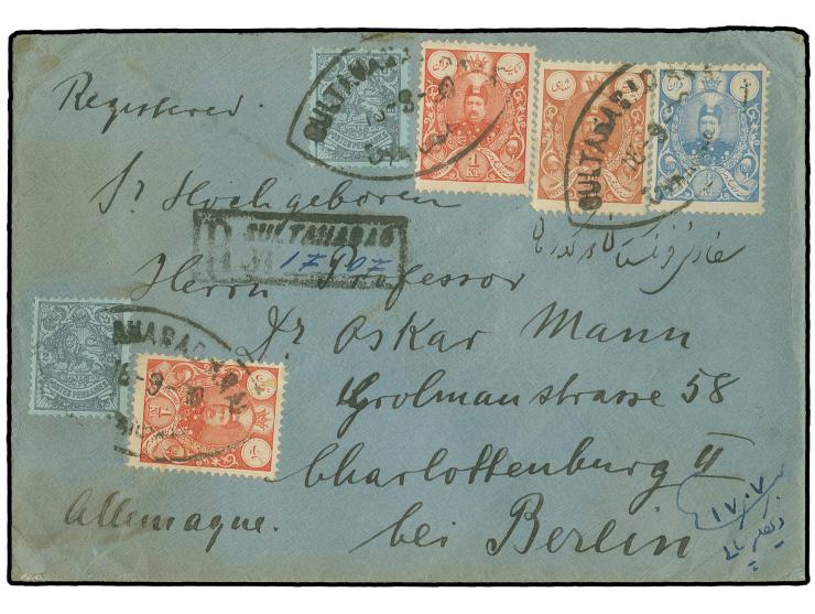 3 kr. together with 26 ch. and 2 copies each 1 kr. and 2 ch., all tied by oval "SULTANABAD 18-9-09" to registered sealed line