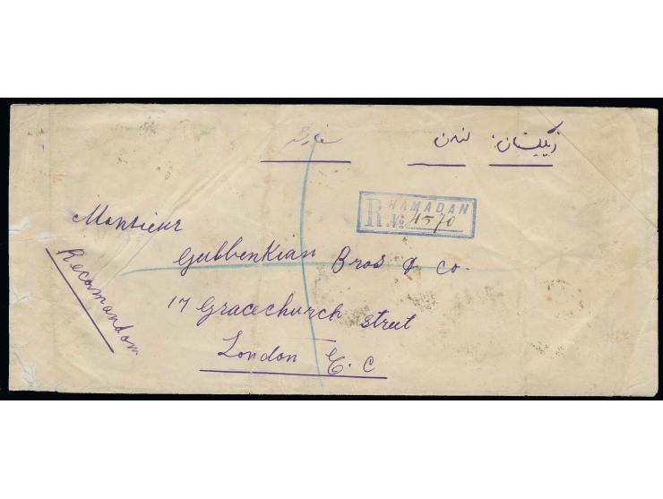 1909, coat of arms 3 kr., 1 kr., 6 ch., 3 ch. and vertical pair 1 ch. tied by cds. "HAMADAN 13.VI.10" to reverse of long-size