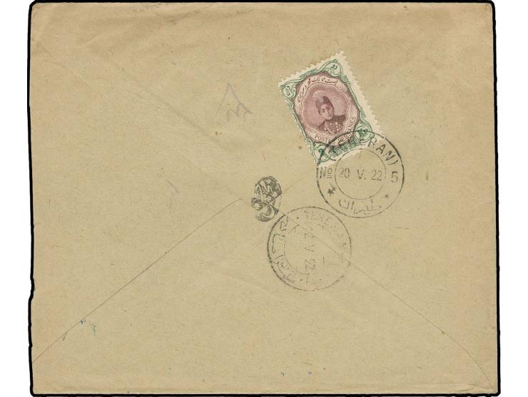 2 kr. tied by cds. "TEHERAN 20.V.22" to reverse of registered envelope against acknowledgement of receipt (AR) to Paris