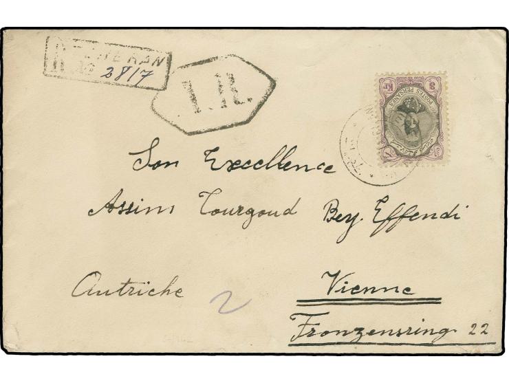 3 kr. tied by Teheran cds. to registered cover from Teheran against acknowledgement of receipt (AR) to Vienna with transit ma