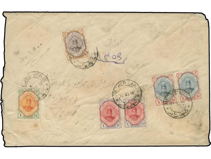 5 kr. in horizontal pair with horizontal pair 1 kr. and singles 9 ch. and 1 ch., all tied by "MECHED 12.XI.18" to sealed regi