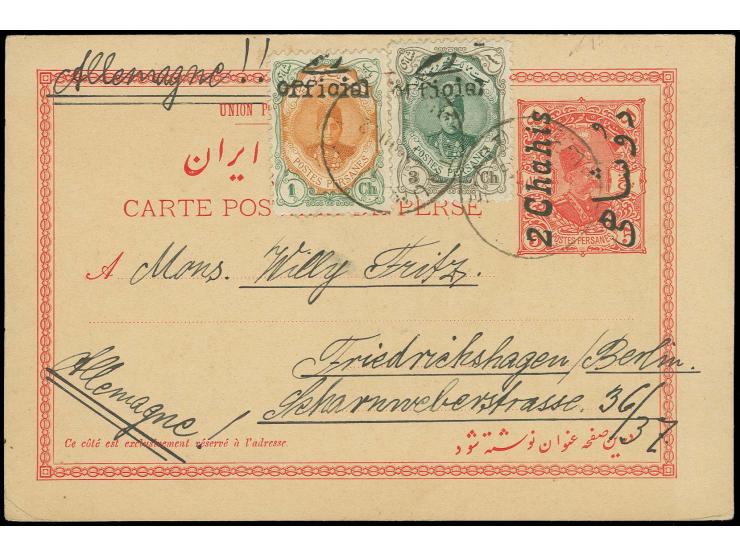 Overprint "officiel": 1 ch. and 3 ch. as additional franking on postcard 2 ch. on 5 ch. from Tabriz to Germany