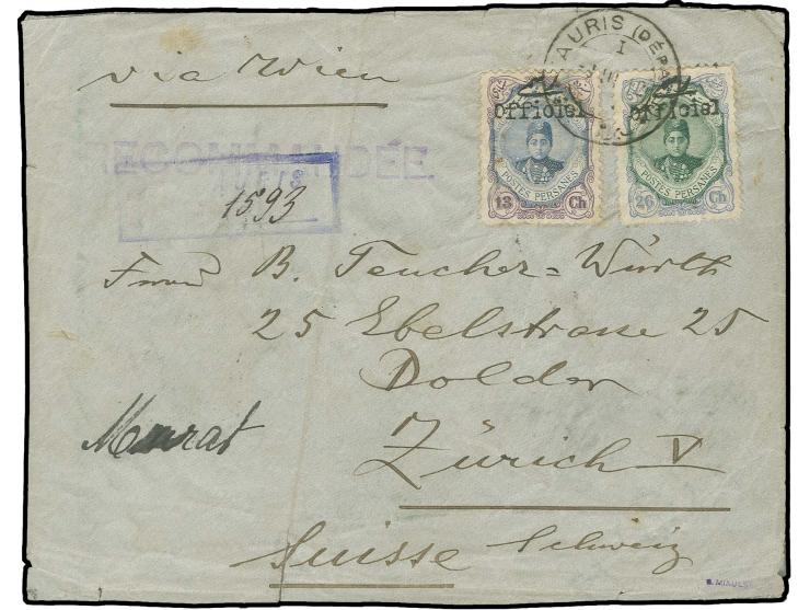 26 ch. and 13 ch. tied by Tabriz cds. to opened out registered envelope to Switzerland with arrival mark; slight transportati