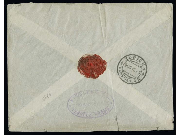 26 ch. and 13 ch. tied by Tabriz cds. to opened out registered envelope to Switzerland with arrival mark; slight transportati