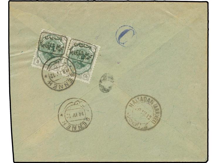 1912, Ahmad Shah overprinted "Al Sultan Mohammad Ali Shah Ghajar": 3 ch. in horizontal pair, tied cds. "SENNEH 18.IV.12" to r
