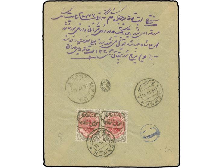 6 ch. in horizontal pair, tied by cds. "SENNEH 18.IV.12" to reverse of cover to Hamadan with endorsement of the post office H