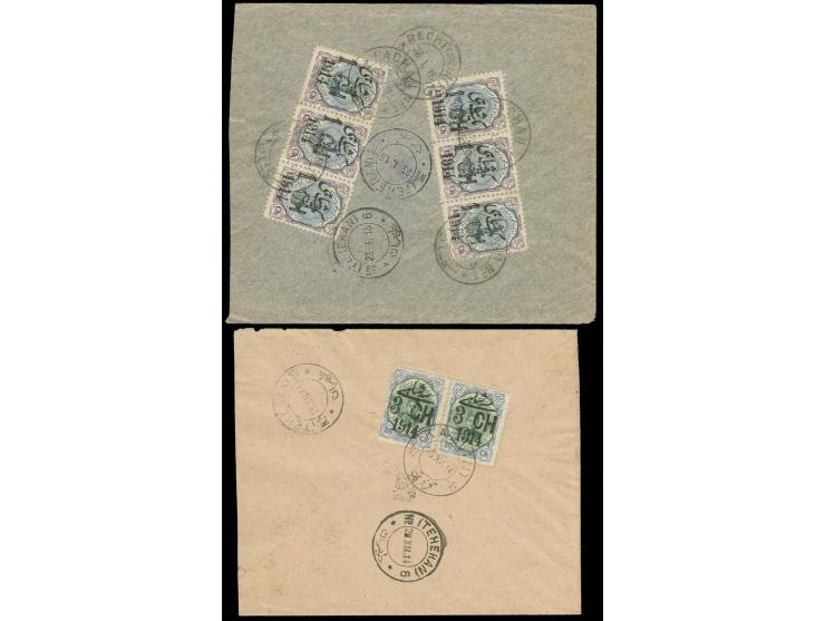 1914, surcharge 1 ch. on 13 ch., 2 horizontal strips of 3 tied to reverse of cover from Kachan 1915 to Recht and 3 ch. on 26 