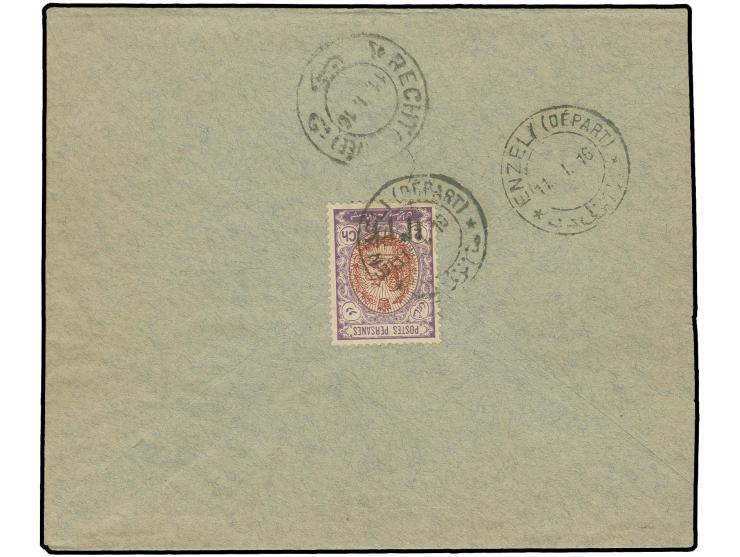 1915/16, overprint "1333": 2 ch. tied by cds. "ENZELI 11.1.16" to cover to Recht