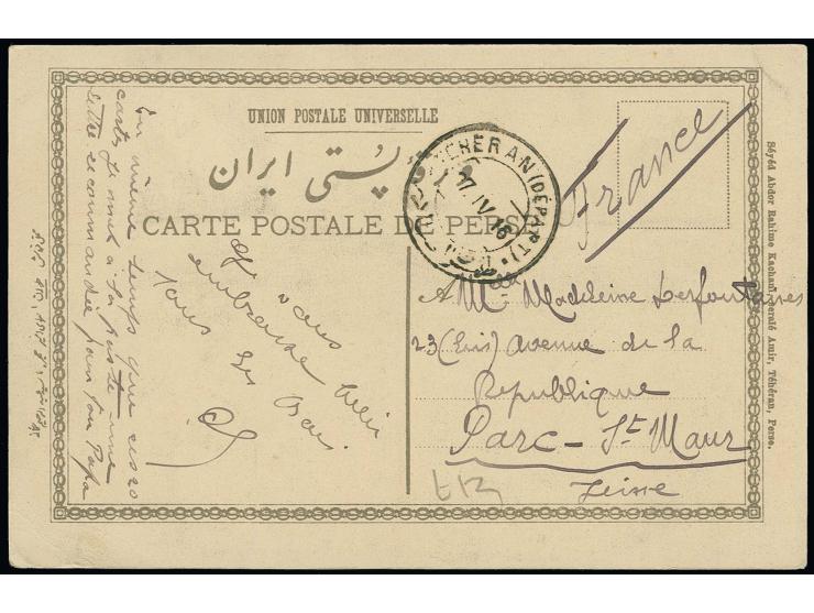 2 ch. tied by Teheran cds. to picture side of postcard to France