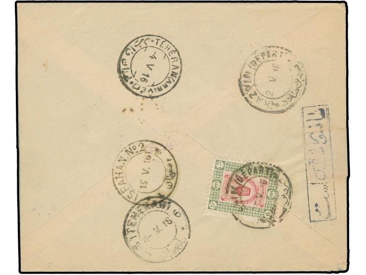 6 ch. tied by Kazvin cds. to reverse of cover to Ispahan with Ispahan censor mark applied over white label; censored covers w