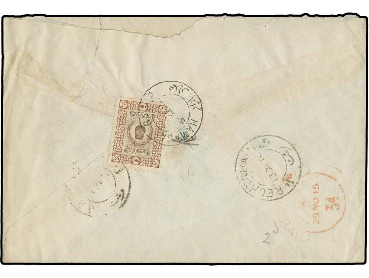 24 ch. tied by Hamadan cds. to reverse of registered commercial cover to England with Russian censor marks; a fine and scarce