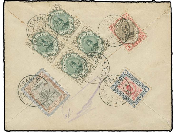 1 kr. with 2 ch. and Ahmad Shah 2 ch. and 3 ch. in block of 4 tied by cds. "TEHERAN 10.VI.15" to reverse of registered letter