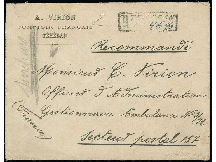 1 kr. with 2 ch. and Ahmad Shah 2 ch. and 3 ch. in block of 4 tied by cds. "TEHERAN 10.VI.15" to reverse of registered letter