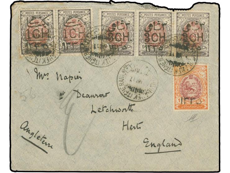 1917, handstamp "1335" on 1 ch. with additional franking on cover from "GULAHEK (TEHERAN) ??VII.17" to Col. Napier in England