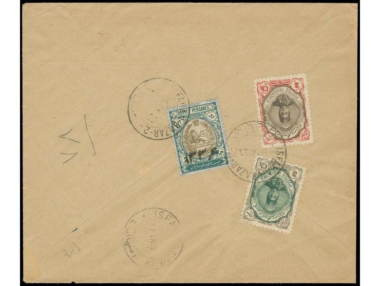 1918, overprint "1336" on 2 kr. with Ahmed Shah 2 ch. and 3 ch., tied by Isfahan-Bazar cds. to reverse of commercial cover to