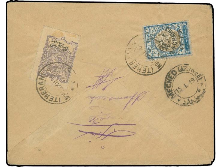 24 ch. on 4 kr. and famine relief 1 ch. tied by Teheran cds. to reverse of cover via Koutchan to Meched with transit and arri