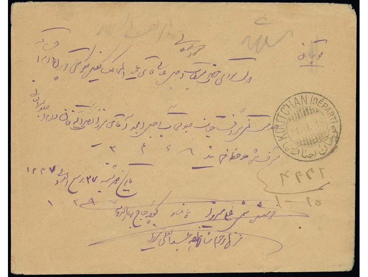 24 ch. on 4 kr. and famine relief 1 ch. tied by Teheran cds. to reverse of cover via Koutchan to Meched with transit and arri