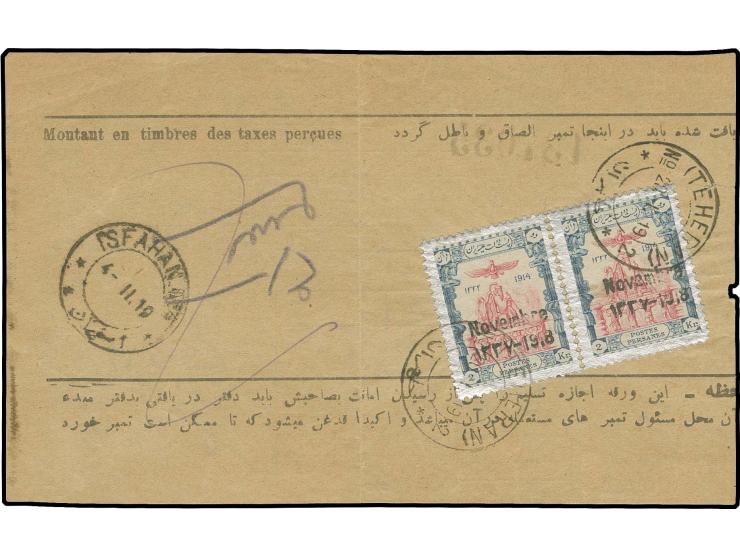 Peace issue 2 kr. in horizontal pair tied by cds. "TEHERAN No. 2 / 20.I.19" to Barnameh to Isfahan, very scarce