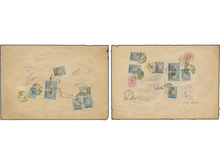 Overprint "1337": 3 kr. (2) and 4 kr. (11) together with several other values tied by cds. "MECHED 24.VI.19" to two large par