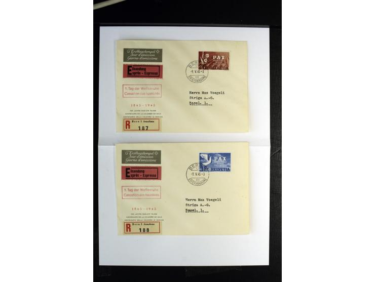1945, PAX 5 C.-10 Fr., mit Erstagsstempel "BERN 9.V.45" auf insgesamt 11 Ersttagsbriefen mit rotem Zusatzstempel "1. Tag der 