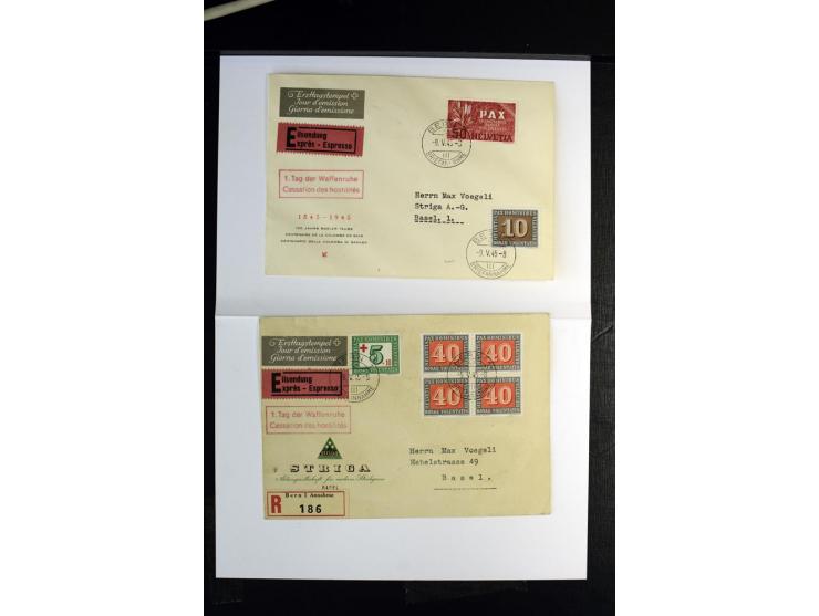 1945, PAX 5 C.-10 Fr., mit Erstagsstempel "BERN 9.V.45" auf insgesamt 11 Ersttagsbriefen mit rotem Zusatzstempel "1. Tag der 