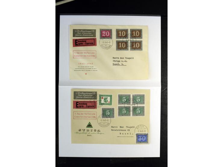 1945, PAX 5 C.-10 Fr., mit Erstagsstempel "BERN 9.V.45" auf insgesamt 11 Ersttagsbriefen mit rotem Zusatzstempel "1. Tag der 