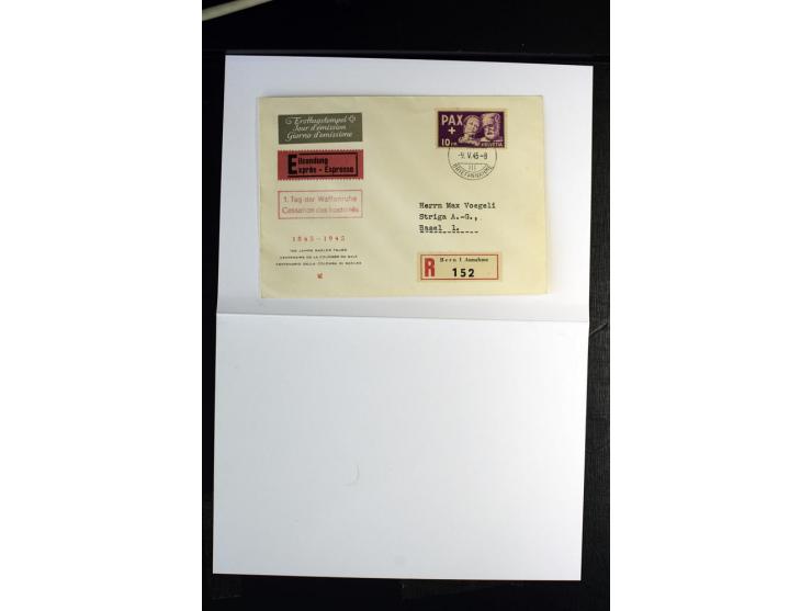 1945, PAX 5 C.-10 Fr., mit Erstagsstempel "BERN 9.V.45" auf insgesamt 11 Ersttagsbriefen mit rotem Zusatzstempel "1. Tag der 